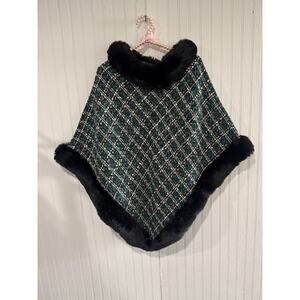 Boucle Faux Fur Trim Poncho - Universal